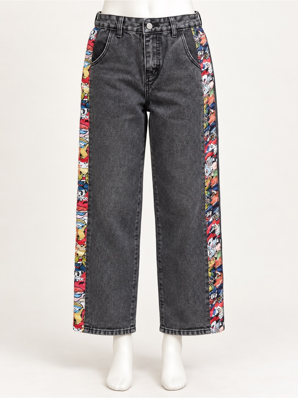 Black Washed Denim Cartoon Side Stripe Wide Leg Cropped Jeans 28–29” Waist